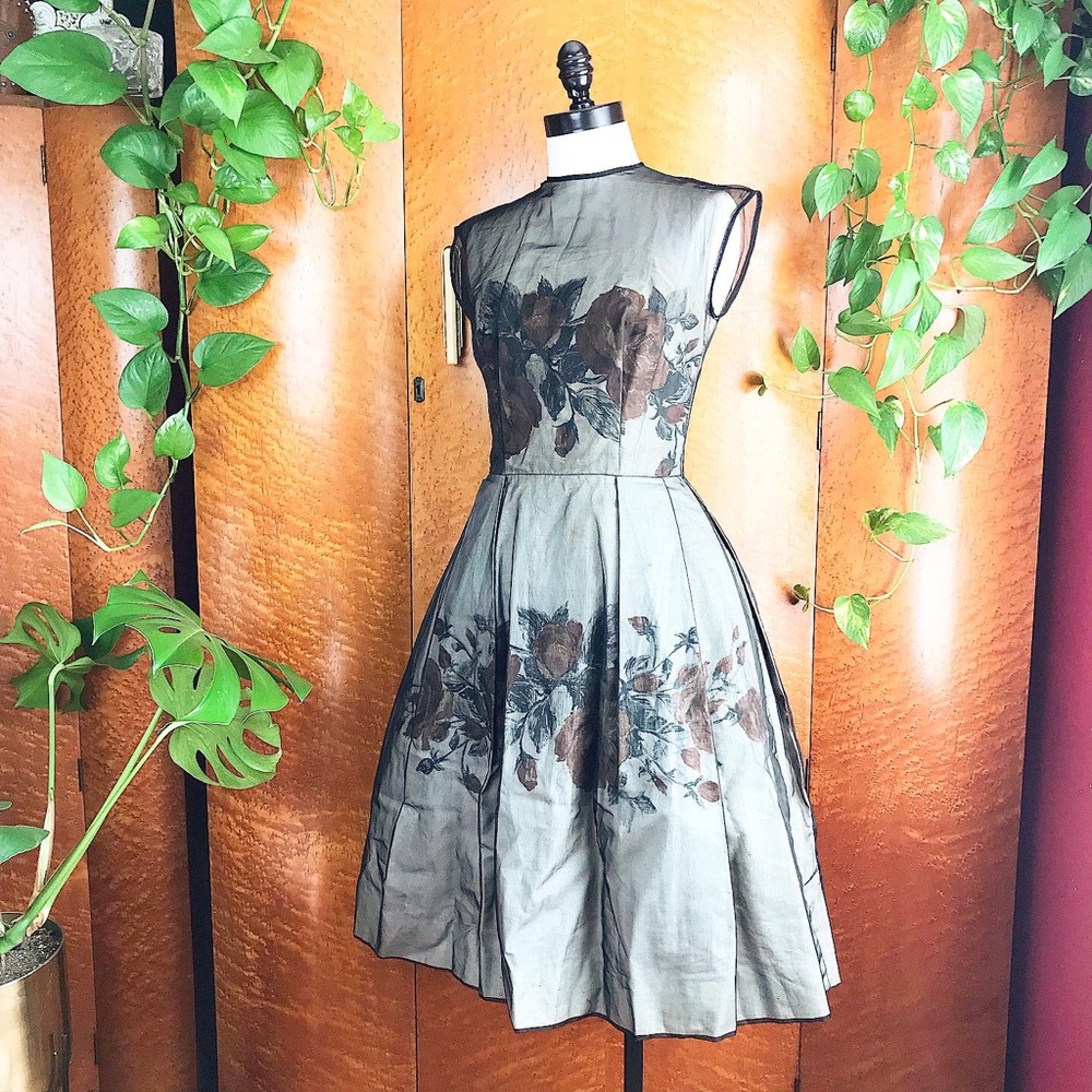 ROSE PRINT 1950’s 50s Vintage New Look Party Prom Cocktail Evening Dress S - Picture 8 of 13